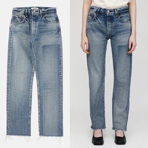 Moussy Vintage Gallagher Button Fly Raw Hem Straight Jeans in Blue size 27